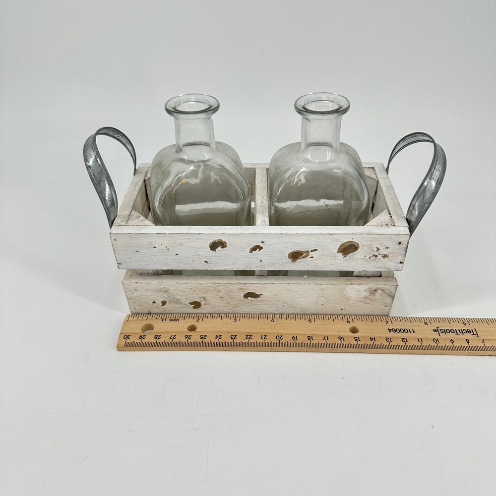 Farmhouse Distressed White Wooden Crate with 2 Glass Bud Vases Metal Handles - Picture 8 of 10